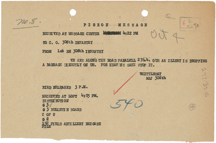 Message manuscrit original du Major Whittlesey demandant l'arrêt du tir ami, porté par Cher Ami le 4 octobre 1918, conservé aux Archives nationales américaines (NARA)