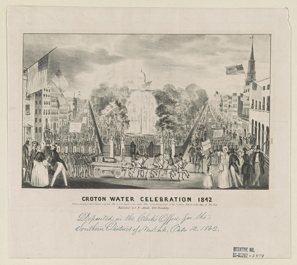 Gravure de la célébration de l'ouverture de l'Aqueduc du Croton à New York le 14 octobre 1842, conséquence directe de l'épidémie de choléra de 1832