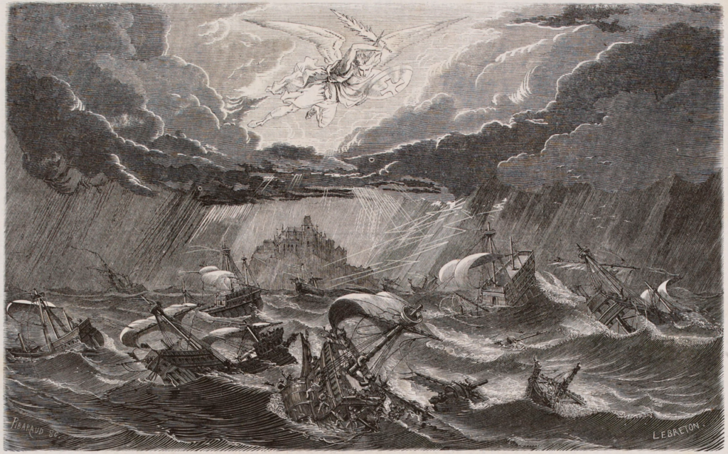 Illustration ancienne représentant la tempête qui brisa la flotte anglaise devant le Mont-Saint-Michel vers 1423, tirée de la Chronique du Mont-Saint-Michel
