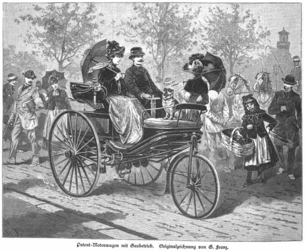 Illustration du Benz Patent-Motorwagen publiée dans
  l'Illustrirte Zeitung en décembre 1888, le véhicule conduit par
  Bertha Benz lors du premier road trip automobile
