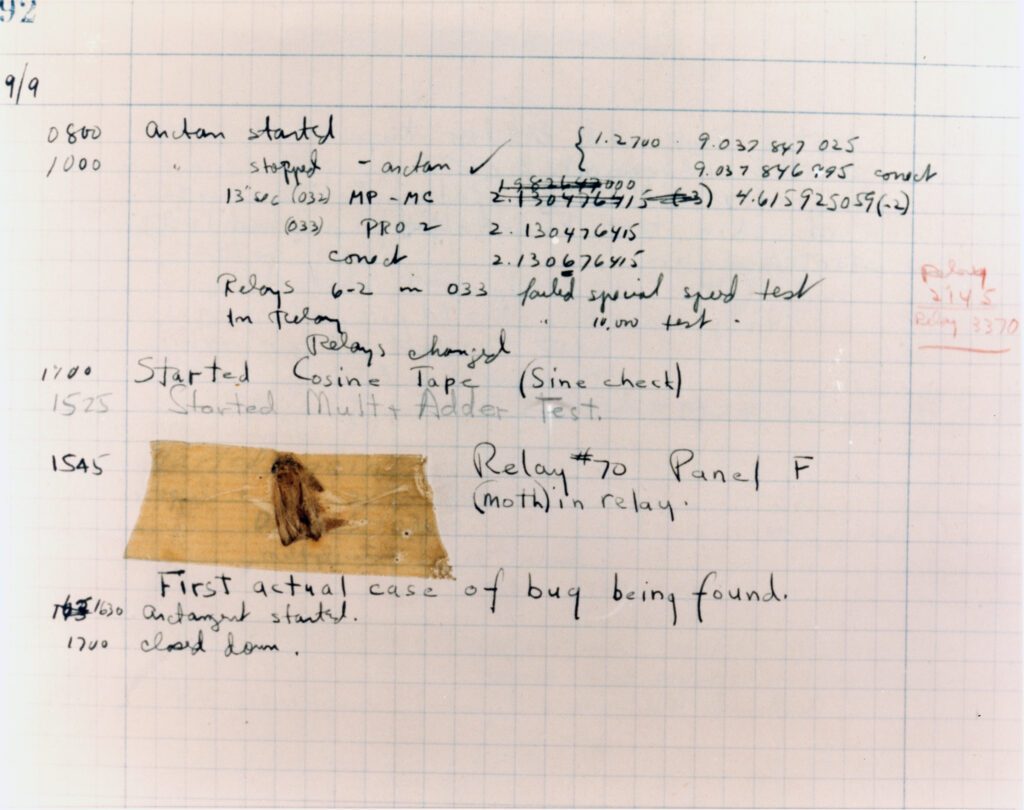 The First Computer Bug  Moth found trapped between points at Relay # 70, Panel F, of the Mark II 