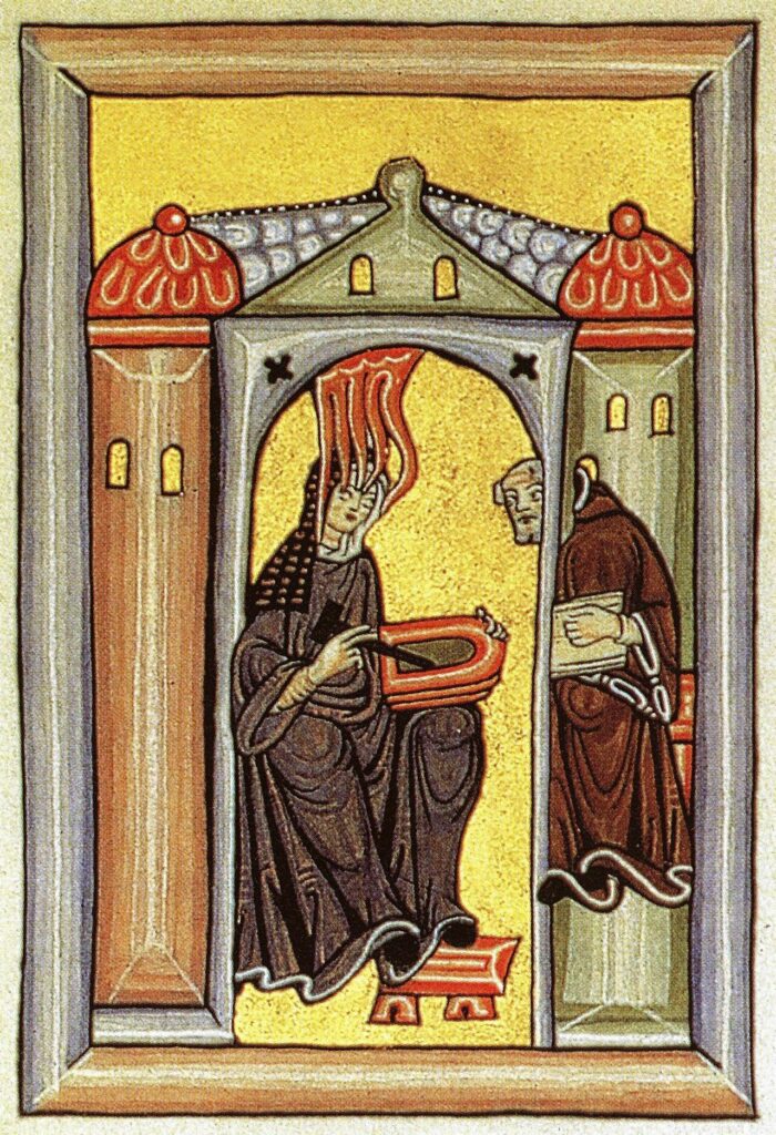 Hildegarde de Bingen dictant ses écrits à son secrétaire Volmar, frontispice du Scivias, manuscrit médiéval XIIe siècle