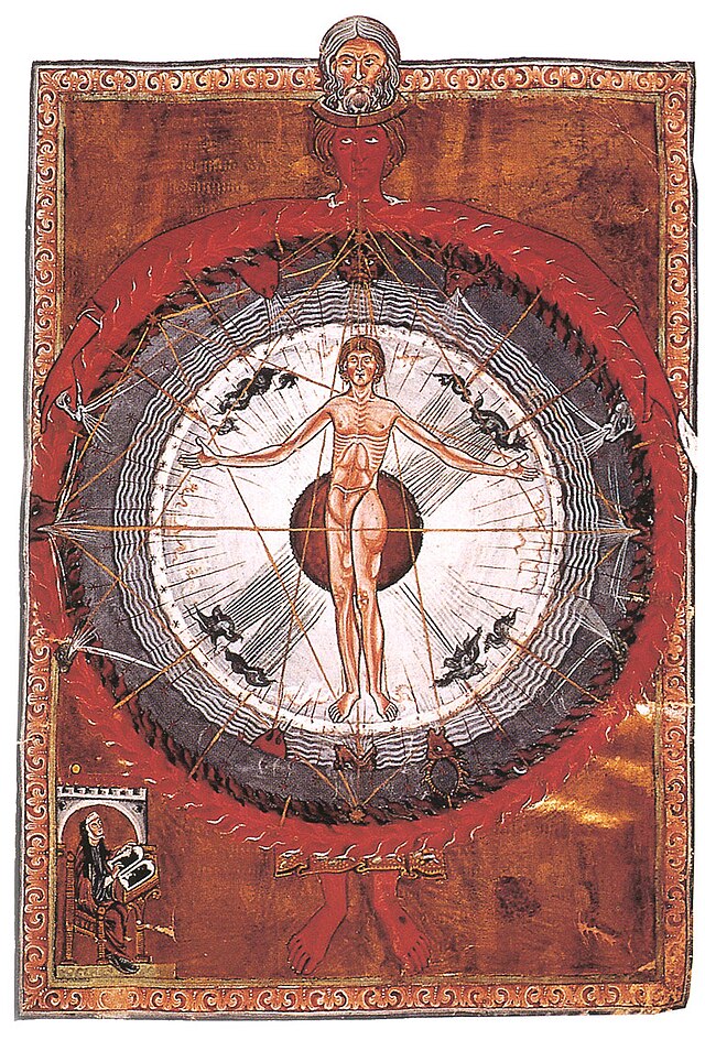 L'Homme universel dans le cosmos, enluminure du Liber Divinorum Operum d'Hildegarde de Bingen, XIIIe siècle, illustrant le concept de viriditas
