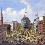 This engraving shows New York City and its early high-rises in 1875. The Western Union Telegraph Building is on the left, the Post Office is in the center and the Evening Post building is on the right.