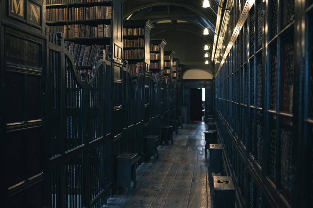 Photo de l'intérieur d'une bibliothèque, côté très sombre, pour renforcer le côté historique et la thématique de l'histoire du blog