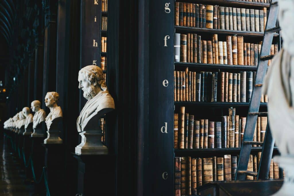 Photo d'un buste historique dans une bibliothèque pour illustrer la thématique de l'histoire du blog.