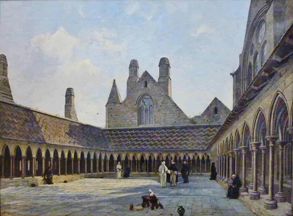 Le cloître de l'abbaye du Mont-Saint-Michel vers 1895, restauré par Édouard Corroyer dans les années 1880