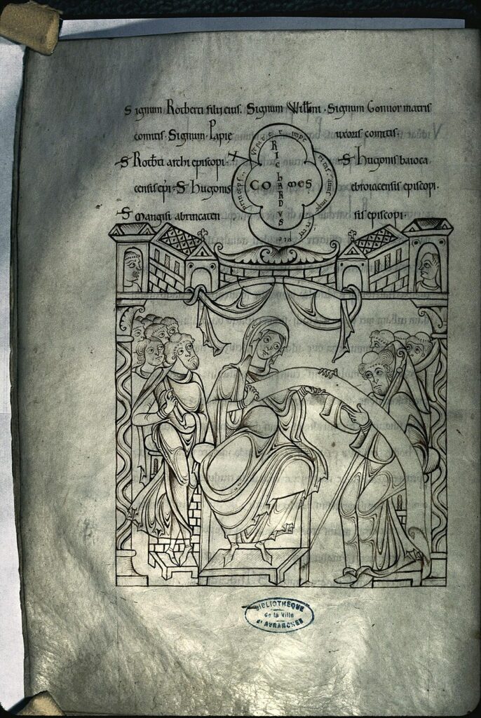 Enluminure du XIIe siècle représentant la duchesse Gonnor remettant sa donation à l'abbé du Mont-Saint-Michel, cartulaire ms. 210, Bibliothèque d'Avranches