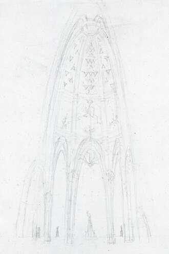 Dessin intérieur de la salle Hommage à l'Amérique de l'Hotel Attraction de Gaudí, 125 mètres de hauteur, dessin Matamala 1908