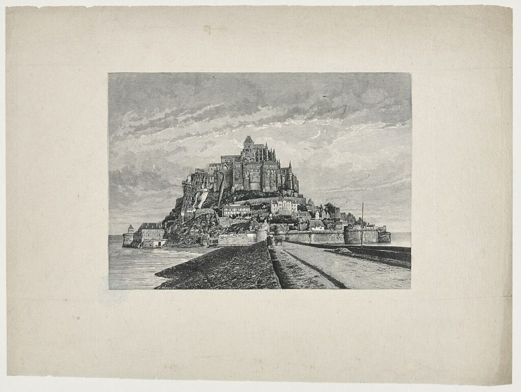 Vue générale du Mont-Saint-Michel au XIXe siècle, pendant la période de restauration de l'abbaye