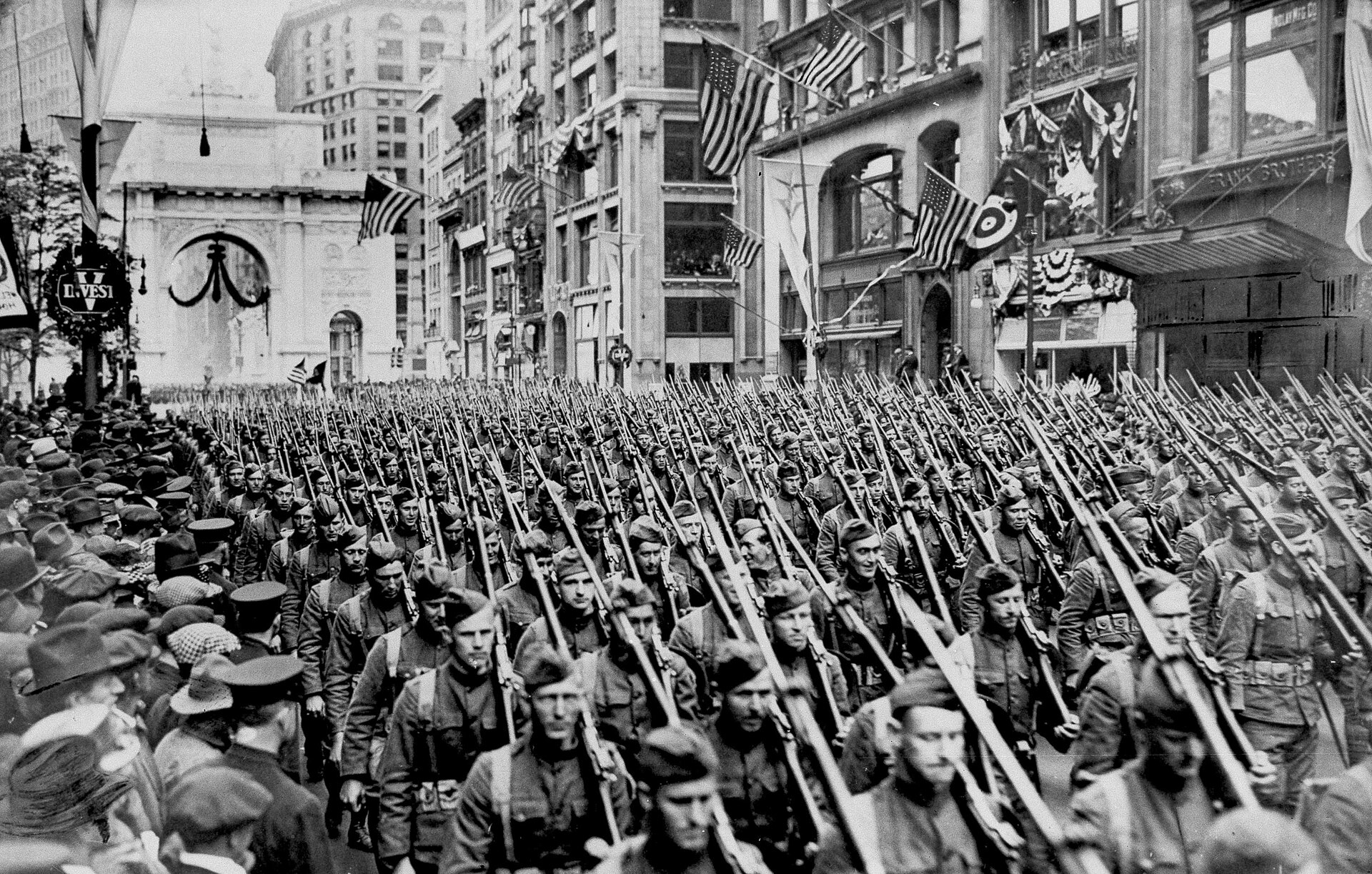 The 1st or Famous Lost Battalion, 308th Infantry. 77th Division, after passing through the Victory Arch on Fifth Avenue, New York, in recent parade - New York Times May 11, 1919