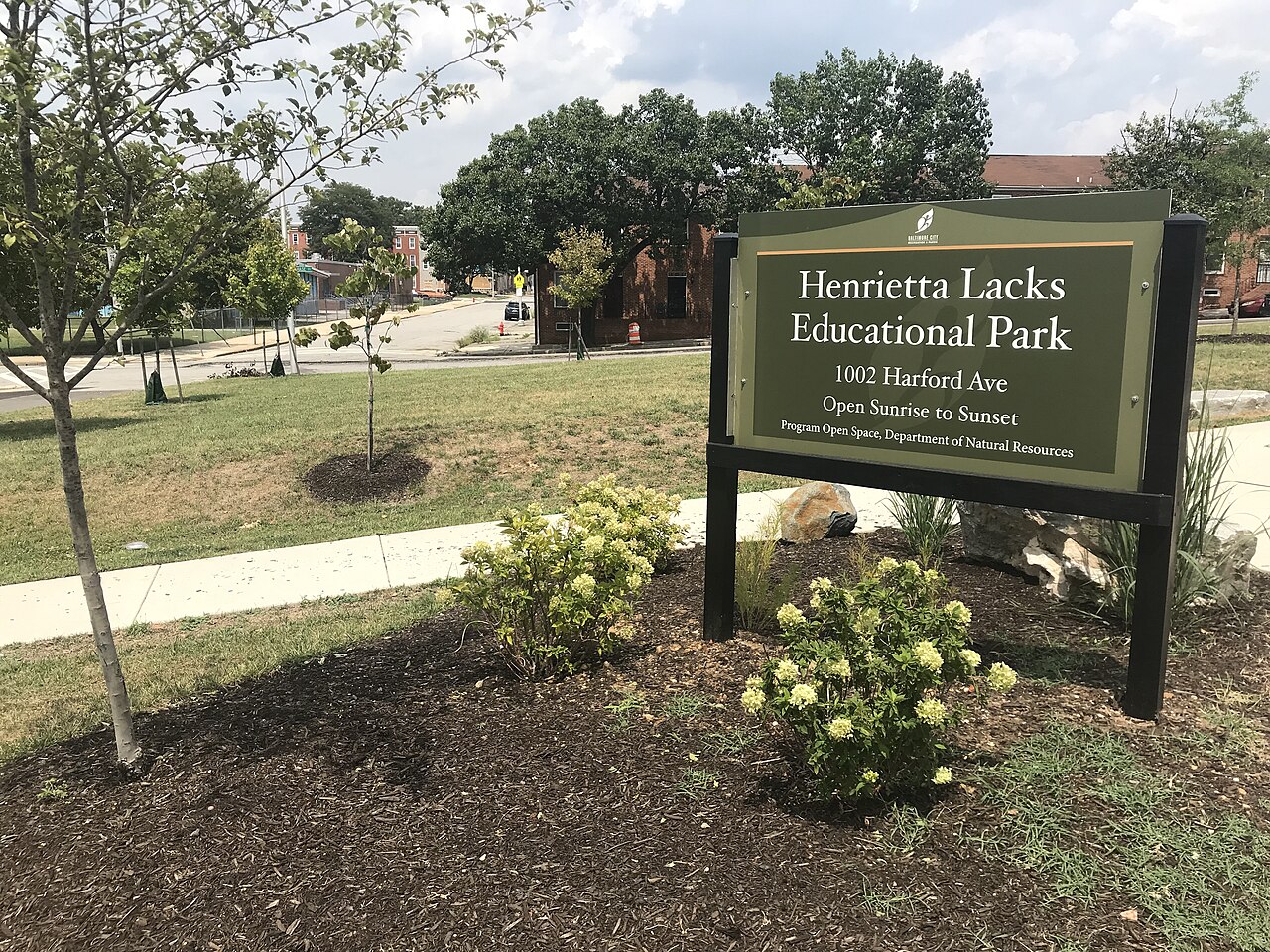 This picture features the sign of a park located in Baltimore that has been renamed to "Henrietta Lacks Educational Park". The sign is green and surrounded by other greenery. It features the name of the park and also the address.