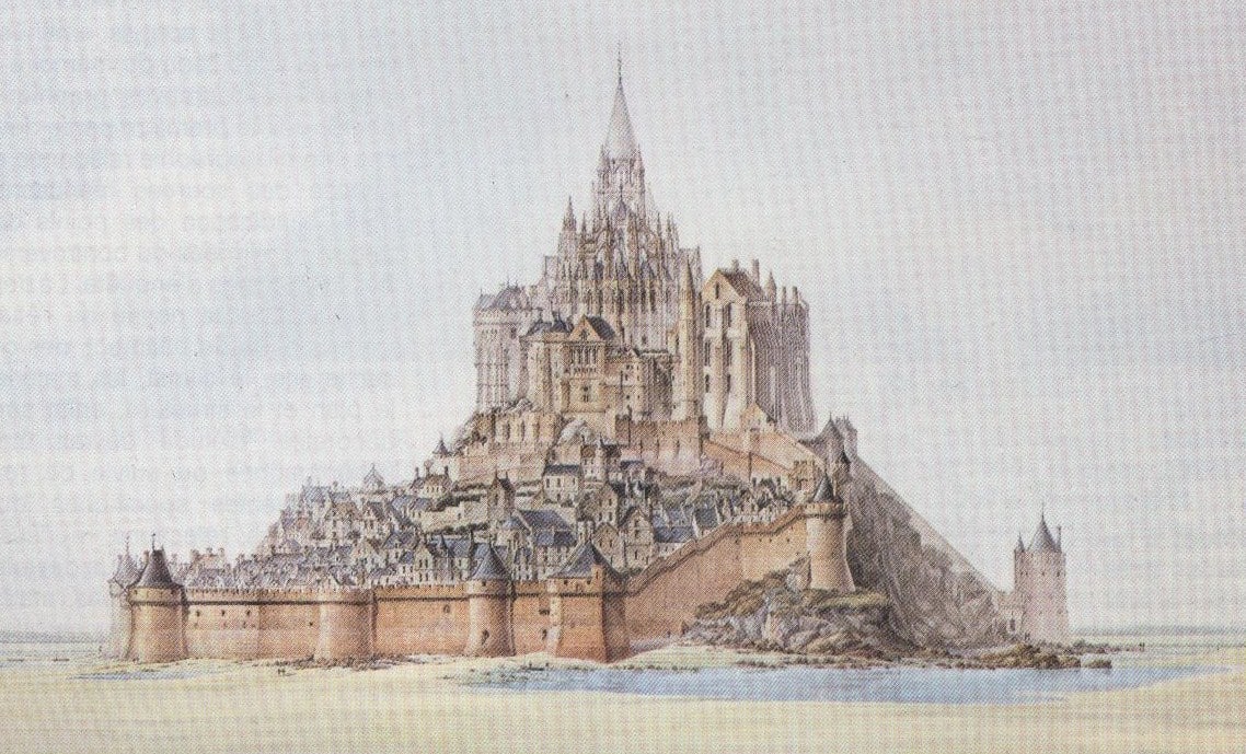 Dessin du Mont-Saint-Michel par l'architecte Édouard Corroyer en 1873, avant les travaux de restauration