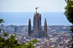 Basílica de la Sagrada Família, viewed from Parc Güell in 2023, Barcelona, Spain