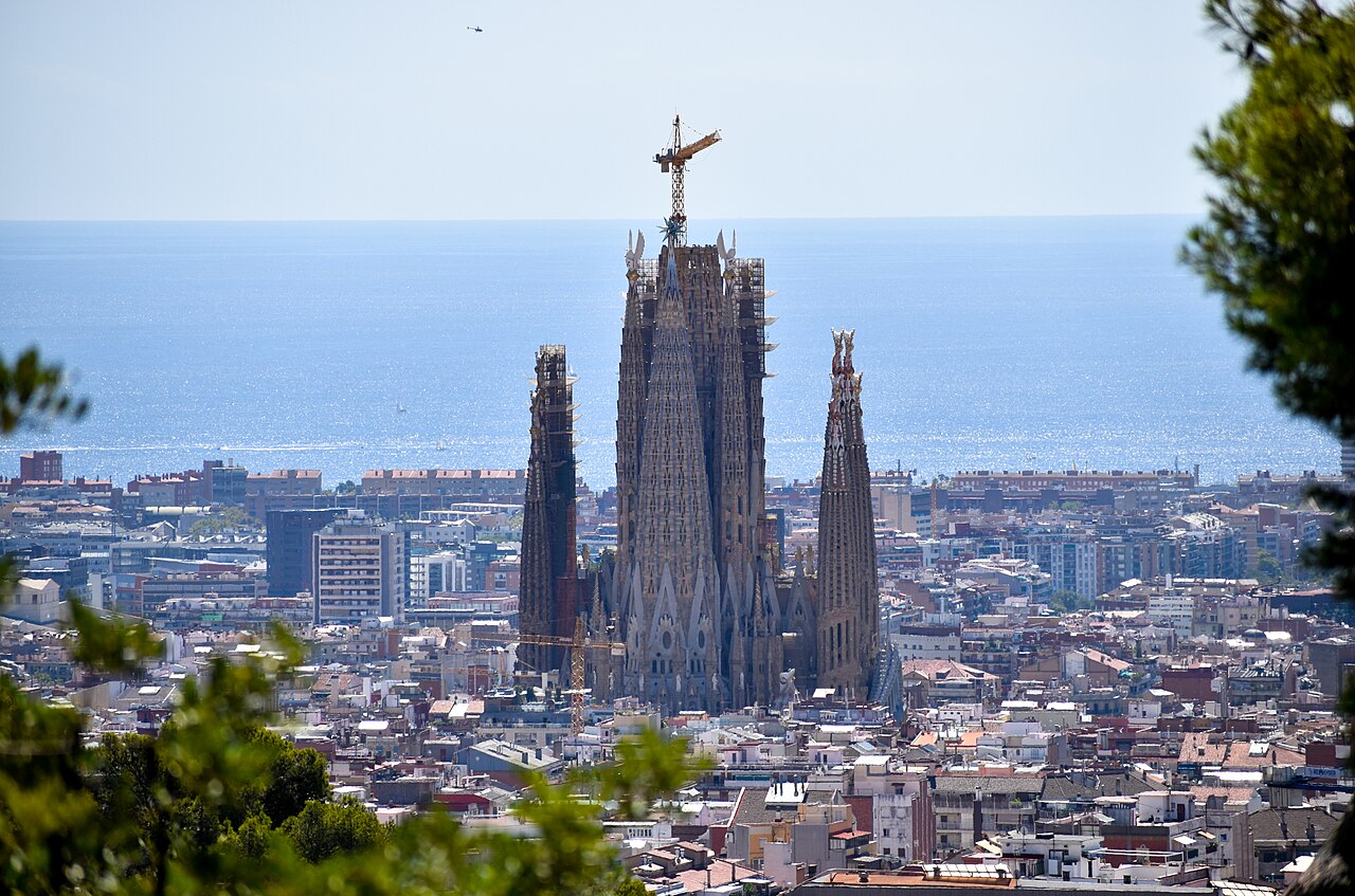 Basílica de la Sagrada Família, viewed from Parc Güell in 2023, Barcelona, Spain